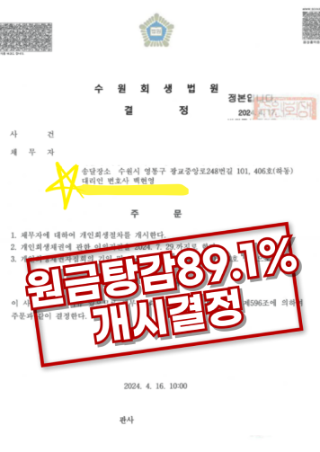 원금탕감 89.1% 개시결정 결정문 이미지