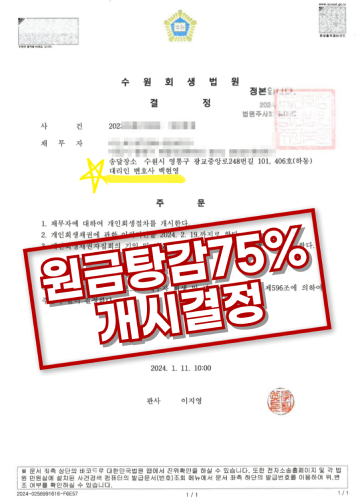 원금탕감 75% 개시결정 결정문 이미지