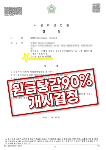 원금탕감 90% 개시결정 결정문 이미지